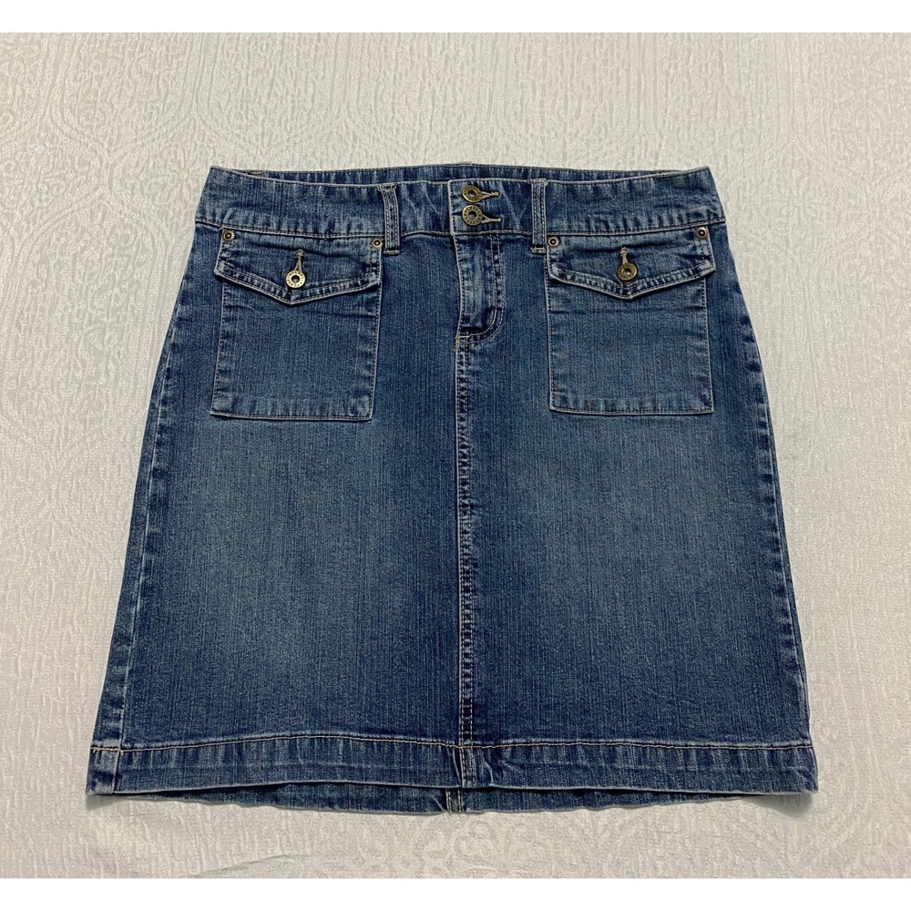 Axcess Womens Denim Mini Skirt Size 6 Blue Stretch Cargo Flap Pockets A Line Y2K